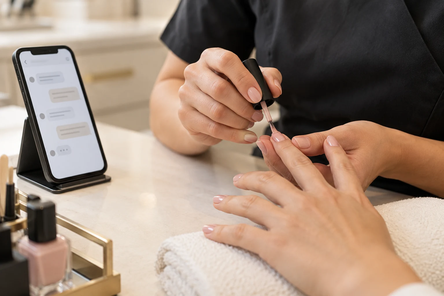 Manos de una profesional haciendo una manicura, con un móvil al lado.
