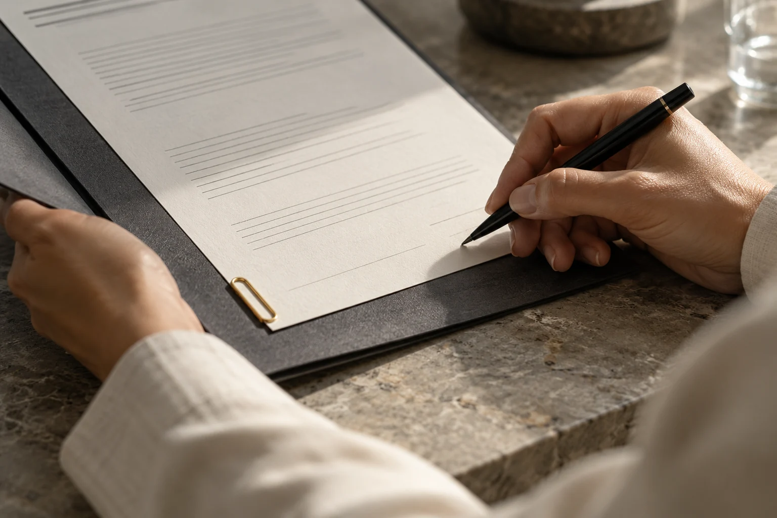Detalle de una persona revisando un documento sobre una mesa cálida.